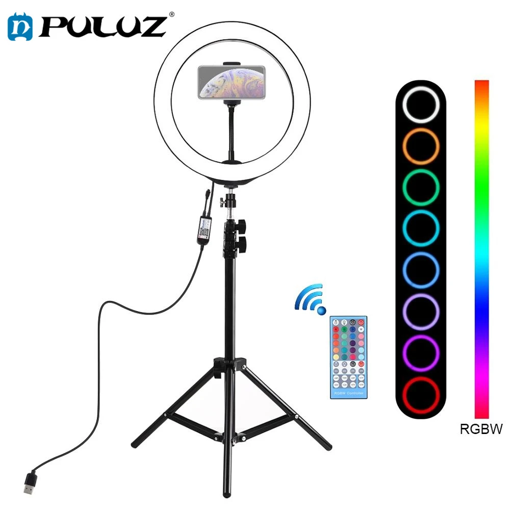 

PULUZ 10 inch 26cm RGBW LED Selfie Ring Light Video Vlogging &Tripod Stand Live Broadcast Kits with Remote Control & Phone Clamp