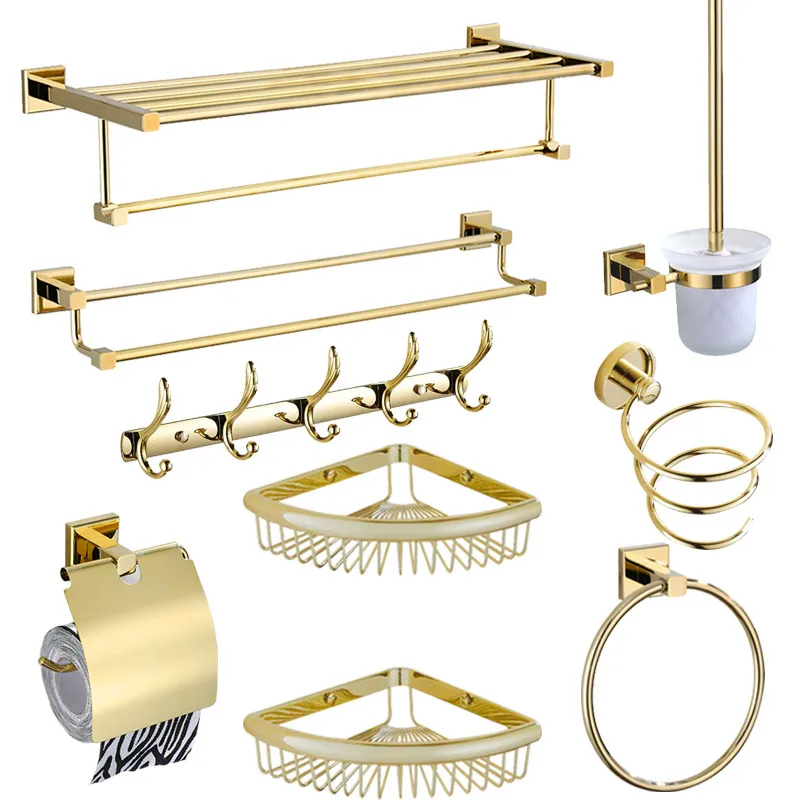 

Bath Hardware Set Solid Brass Towel Rack Towel Bar Corner Shelf Paper Holder Toilet Brush Holder Row Hooks Nail Punched Gold