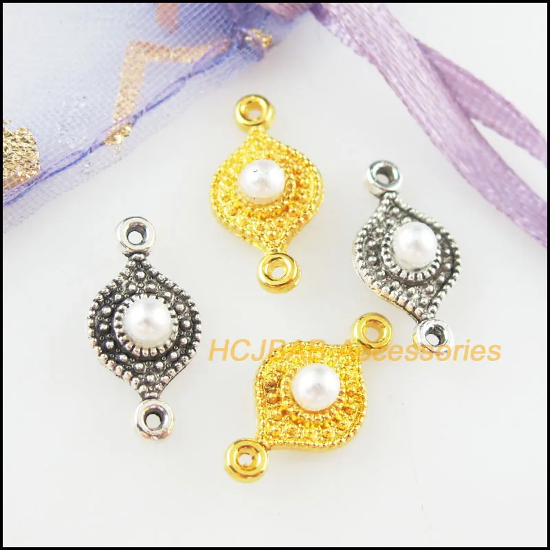 30Pcs Gold Tibetan Silver Tone Eye White Acrylic Beads Charms Connectors 8x16mm