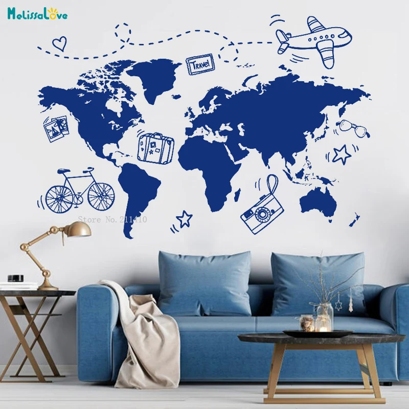 Travel World Map Kids Room Adventure Cute Wall Decal Home Decor Large Size Self-adhesive Murals Unique Gift YT4476