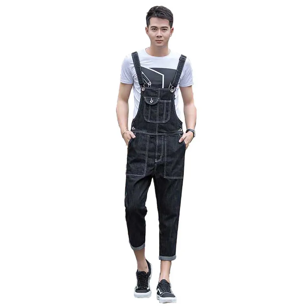 

Big Size Denim Overalls Black Jeans Men Casual 3/4 Calf-Length Pants Loose Baggy Suspenders Trousers Man Clothes