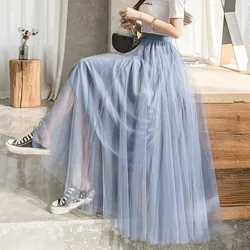 Pink Gray 98cm Long Maxi Ankle Length Tulle Skirt Womens 2022 New Spring Summer High Waist Pleated School Mesh Tutu Skirt Female