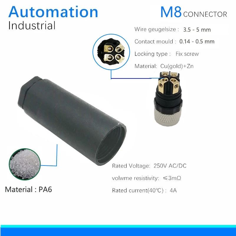 M8 Connector, 4Pin, Female,  IP67，CE, ROHS