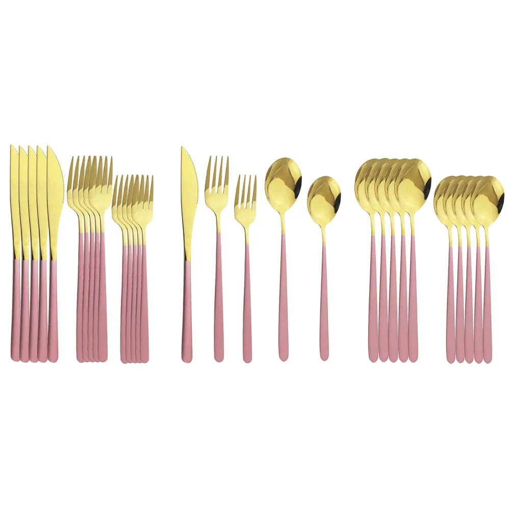 

30Pcs/Set Pink Gold Dinnerware Set Knife Fork Spoon Cutlery Tableware Set 304 Stainless Steel Flatware Kitchen Silverware Set