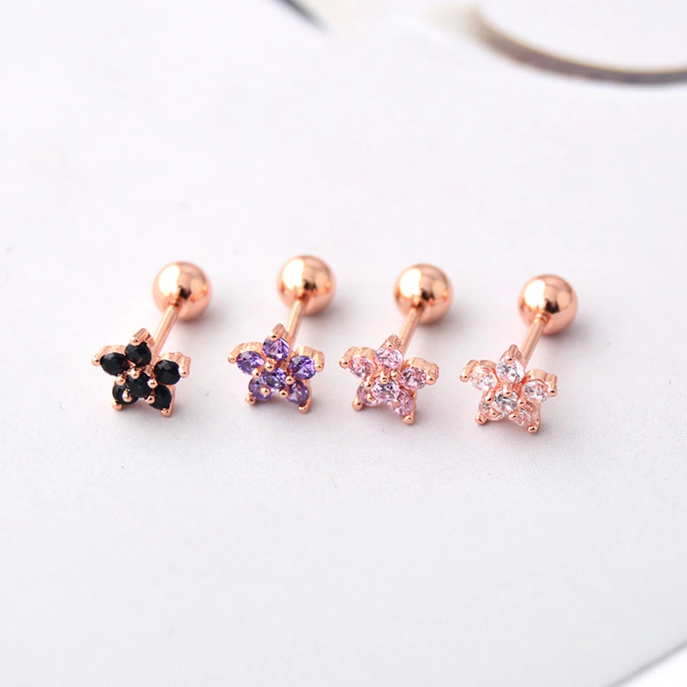 Trendy 1 Pcs Crystal Flower Cartilage Earring Stainless Steel Zircon Stud Earrings Cute Tragus Ear Stud Piercing Body Jewelry