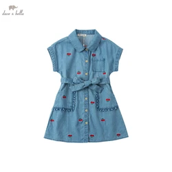 DKY17996 dave bella summer girl's 5Y-13Y fashion cartoon print  draped dress children sweet  dress kids infant lolita clothes