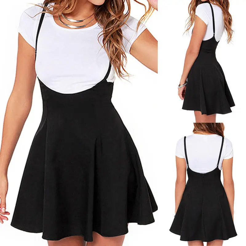 

2022 Newly Summer Fashion Casual Women Dress Waist Suspender Black Skater High Waist Mini Pleated Dress Size S-2XL