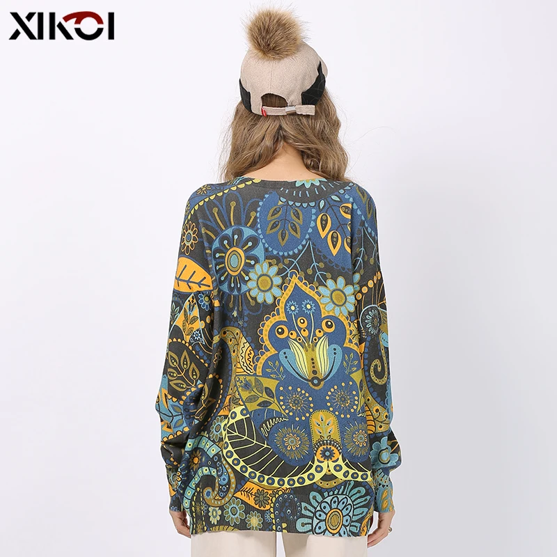 XIKOI Winter New Retro Print Sweater Women Pullovers Knitted O-Neck Jumper Women Oversized Warm Sweaters High Elastic Pull Femme