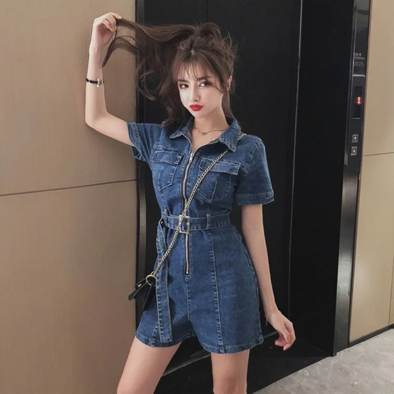 Women Summer Short Sleeve One Piece Denim Playsuits Belted Slim Fit Ladies Zipper Jean Jumpsuit Casual Streetwear Short Overalls