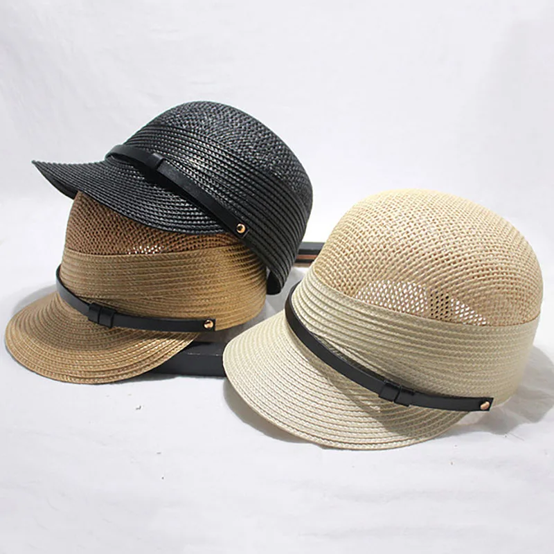 New Fashion Belt Style Summer Cap Breathable Straw Baseball Cap Handwoven Stylish Women Cap Structured Mesh Straw Trucker Cap