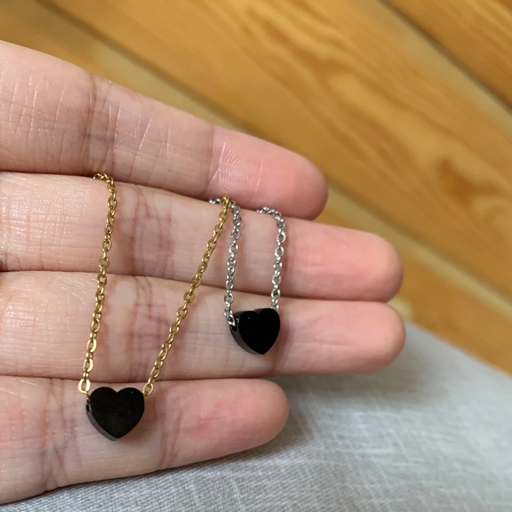 Simple Lovely Glossy Black Heart Charm Necklace Trendy Gold Color Stainless Steel Chain Choker Pendant Necklace