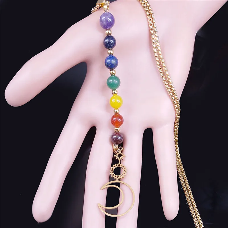 Sun Moon Yoga 7 Color Chakra Stone Stainless Steel Long Chain Necklaces for Women Gold Color Necklaces Jewelry N6354S04