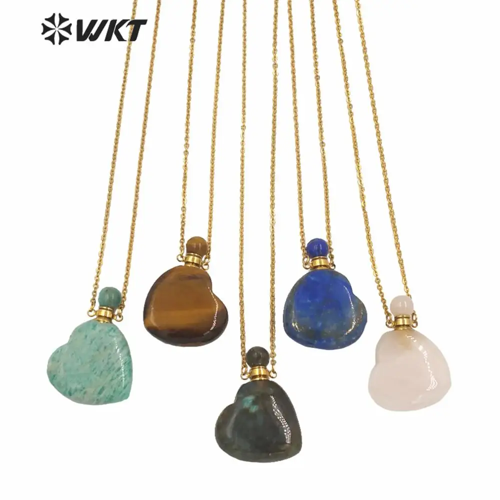 

WT-N1249 Wholesale heart shape natural stone essencial oil perfume bottle necklace women fashion hot stone perfume oil necklace