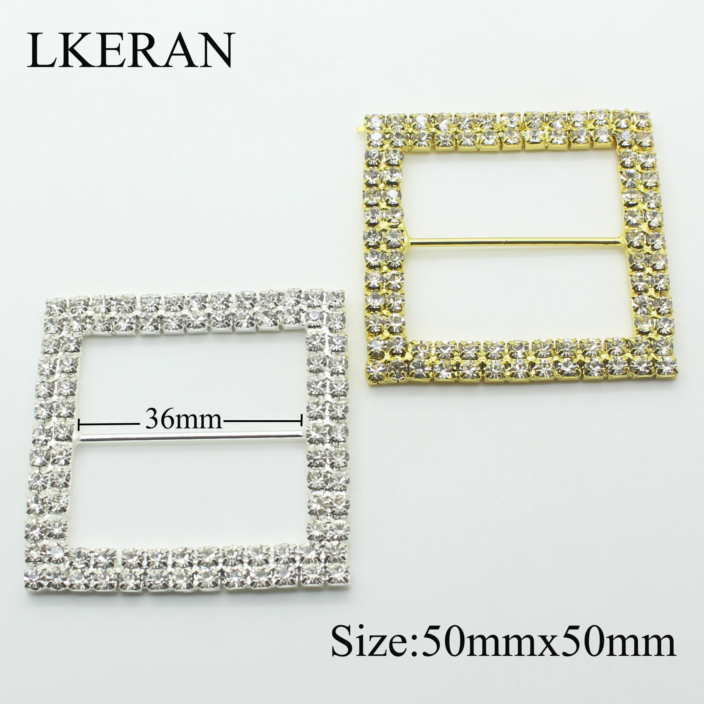 LKERAN 2pcs Double row Square 50X50mm(Inner Bar 36mm) Crystal Rhinestone Buckle Invitation Ribbon Slider For Wedding Accessories