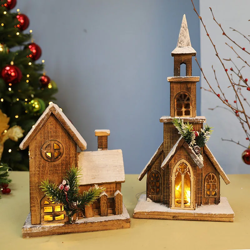 Nordic New Style Home Decor Artificial Christmas Decoration With Lamp Wooden House Christmas Tabletop Ornaments New Year Decor