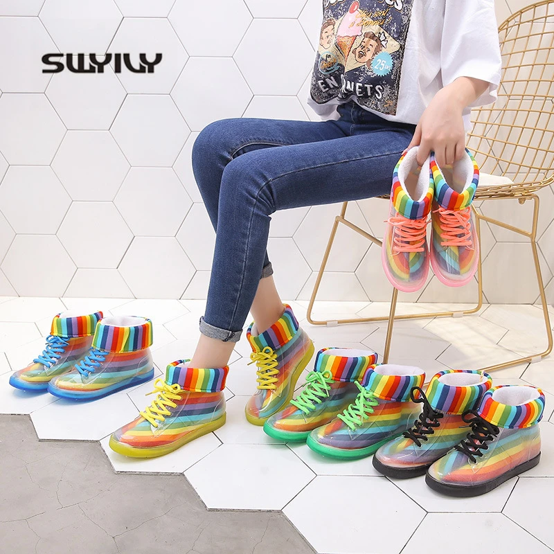 SWYIVY Rain Boots Women Ankle Boots 2019 Warm Female Boot Rainbow Jelly Shoes Waterproof Transparent Shoes Non-slip Gum\'d Boots