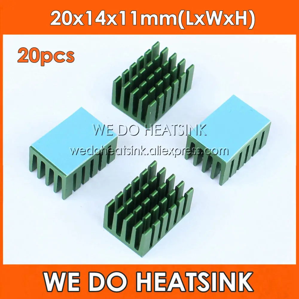 

WE DO HEATSINK 20pcs 20x14x11mm Aluminum Network Routers Chip Heat Sinks Green Slotted and Anodized Cooler With Thermal Pad