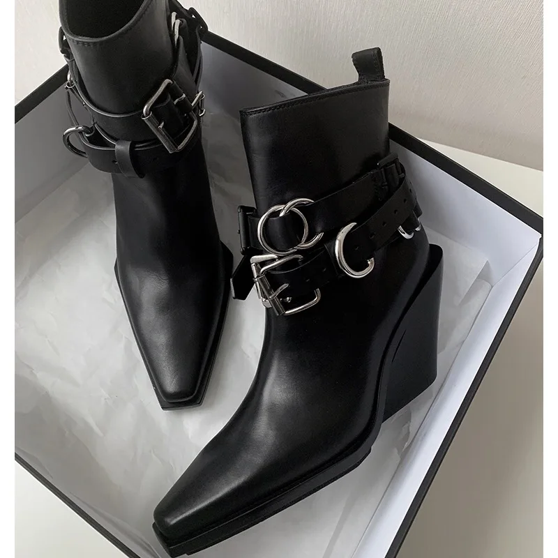 Wedge heel cowboy ankle boots women black boots winter pointed thick with silver buckle belt Chelsea boots strapped shoes woman