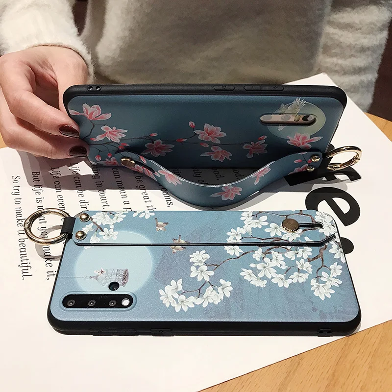 for OPPO Realme 5 6 Pro C15 C11  X2 Pro XT C2 U1 Reno 4 2 3 Phone Case 3D Emboss Art Leaf Flower Wrist Strap Phone Holder Cover