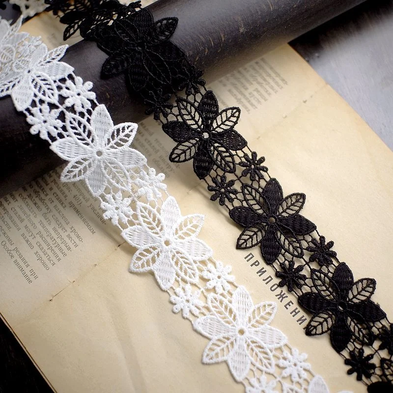 5CM Wide Exquisite White Black Water Soluble Embroidered Ribbon Flowers Lace Polyester Guipure Applique Fabric Sewing Trim Decor