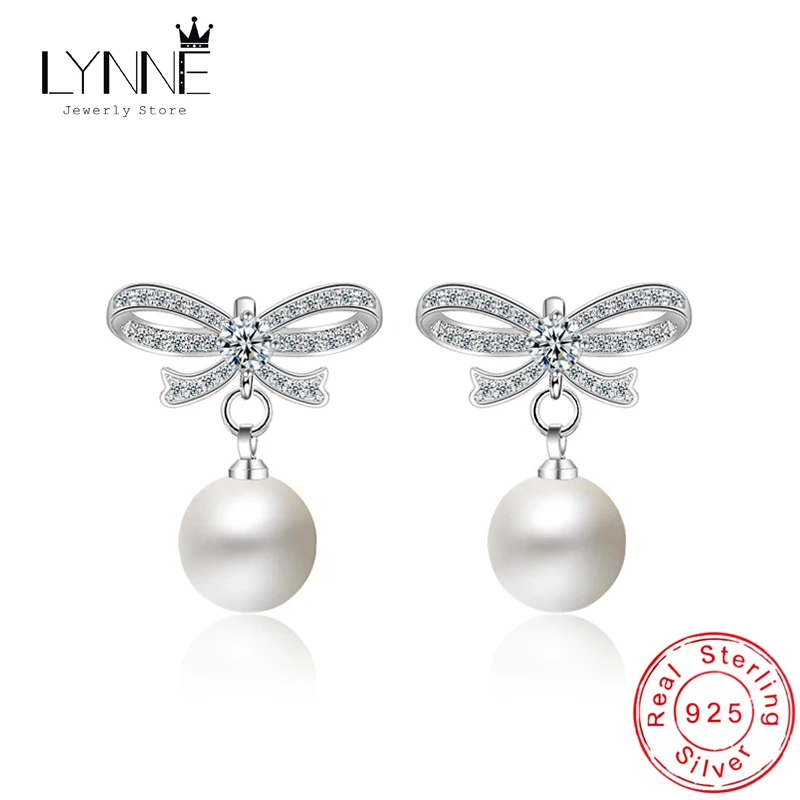 Nowe mody Bowknot 10mm Pearl Drop kolczyki 925 Sterling Silver Rhinestone elegancki wisiorek Ear Stud kobiety biżuteria prezent urodzinowy