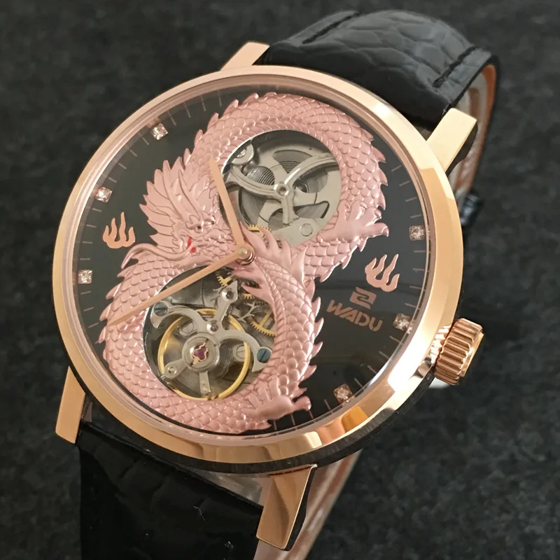 Luxury Brand Carving Dragon Automatic Mechanical Men Watch Rose Gold Tourbillon Wrist Watch As Gift A78