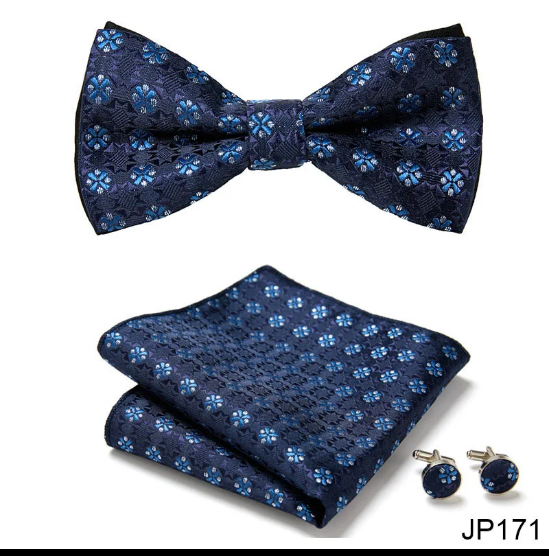 Great Quality Silver Office Butterfly Hanky Cufflink Set Bowtie For Men Geometric Hombre Formal Clothing