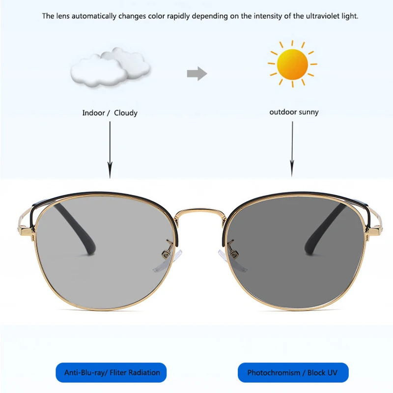 Female Cat Eyes Alloy Anti Blue Ray & Photochromic Grey lens Glasses, Women Blue Light Blocking Sunglasses,Myopia Glass Frames