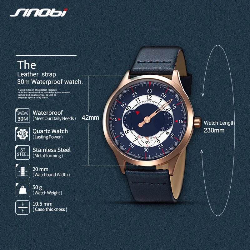 SINOBI Top Brand Luxury Military Leather Quartz Wristwatch Man Gear Creative Watch Casual Sports Clock Box Gifts Date Week Clock