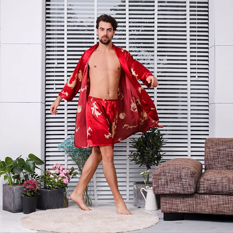 

New Luxury Bathrobe Mens Print Plus Size Robe With Shorts 2 Pcs Silk Satin Pajamas Kimono Home Bath Gown Summer Male Nightgown