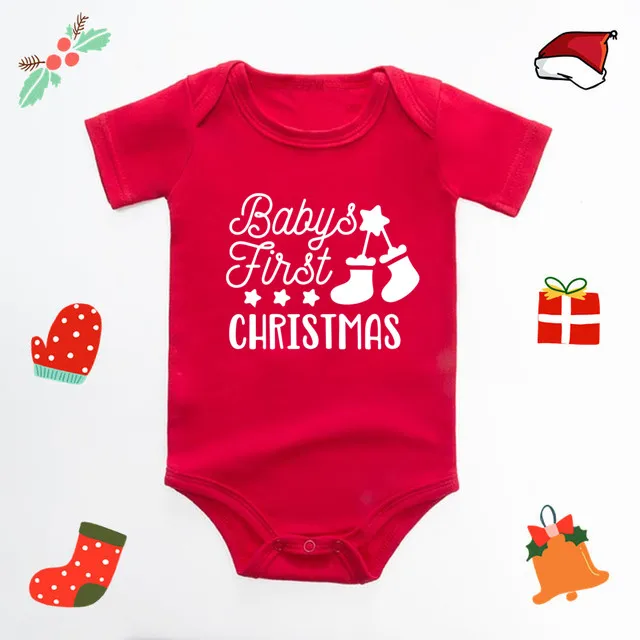 Baby's First Christmas Bodysuit Cute New Year Clothes for Boy and Girl Red Cotton Jumpsuit Infant Short Sleeve Playsuit Outfit