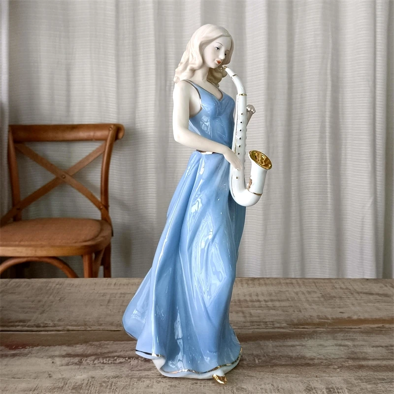 

Handmade Porcelain Saxist Busker Figurine Ceramic Pub Saxophone Player Girl Miniature Musician Ornament Room Decor Craft Gift