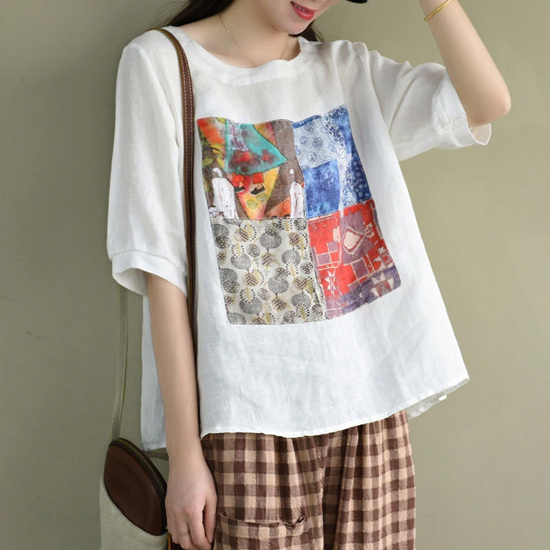 2022 Summer New Arts Style Women Short Sleeve Loose Back Bow Tee Shirt Femme Cotton Linen Tops Patchwork Print T-shirt M139