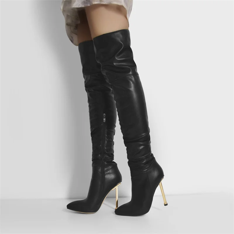 Onlymaker Women Pointed Toe Metal heel Black Matte Side Zip  Knee High Boots Big Size Lady Fashion Classic Long Winter Boots