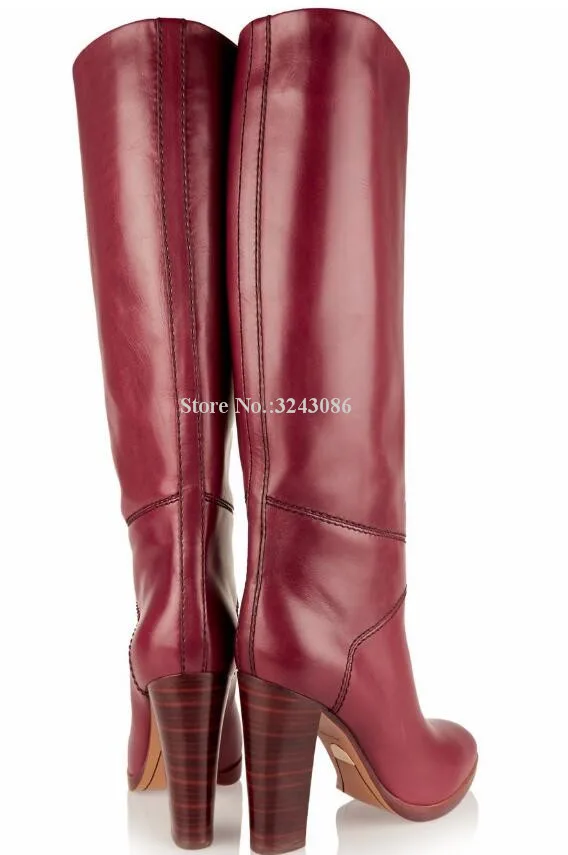 Wine Red Leather Chunky Heel Knee Boots Woman Best Design Large Size Knight Long Boots Ladies Thick Heel Banquet Shoes Dropship