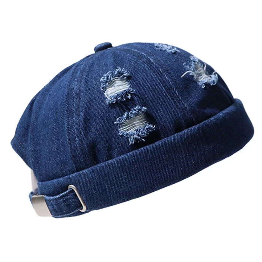 Retro Style Contrast Denim Docker Cap Distressed Rolled Cuff Brimless Skull Cap