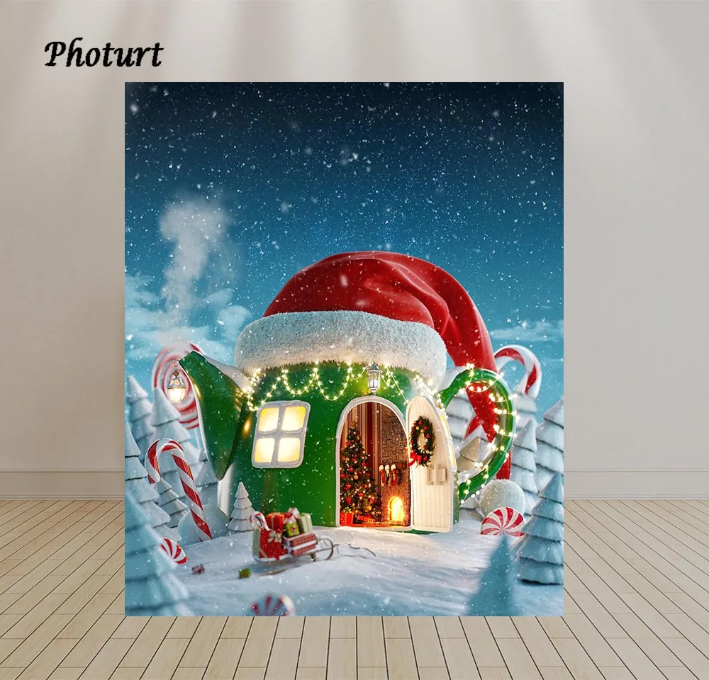 PHOTURT Christmas Backdrop Festival Decoration Green Teapot Photography Banner Snow World Polyester Vinyl Photo Background Props