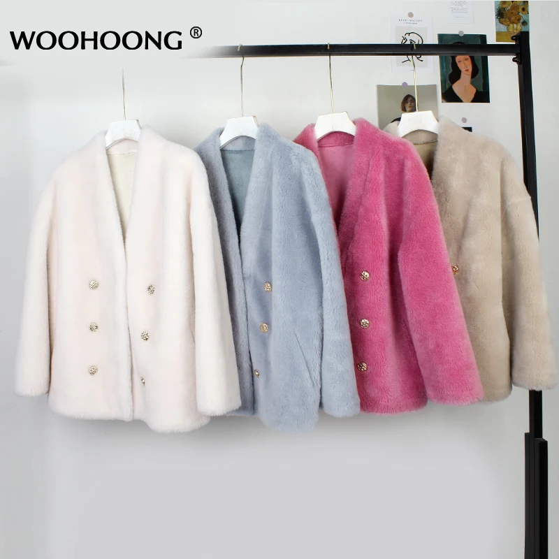 

Cashmere Real Fur Coat Female Coat Sheep Hair Long Coat Wool Composite Fur Women Woolen Furry Short Jacket Double Breasted