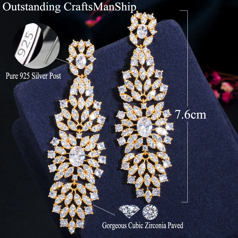 CWWZircons American European Women CZ Wedding Prom Jewelry White Cubic Zirconia Long Dangling Earrings for Brides Party CZ655