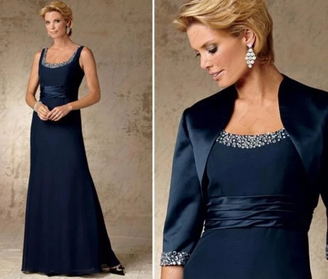 Navy Blue Mother Of The Bride Dresses A-line Scoop Chiffon Beaded With Jacket Long Groom Mother Dresses Wedding Customized