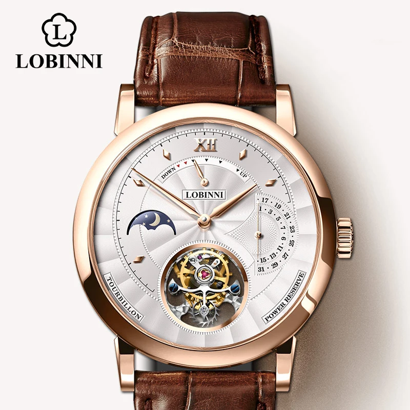 LOBINNI erkek kol saati Switzerland Luxury Brand Automatic Mechanical Men\'s Wirstwatches Sapphire Leather Real Tourbillon Watch