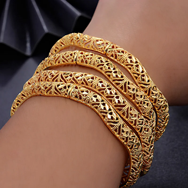 4pcs/lot Gold color Bangle&Bracelet Dubai Bangles For Women Indian Bangles Africa Jewelry Ethiopian Wedding Bride Jewelry Gift