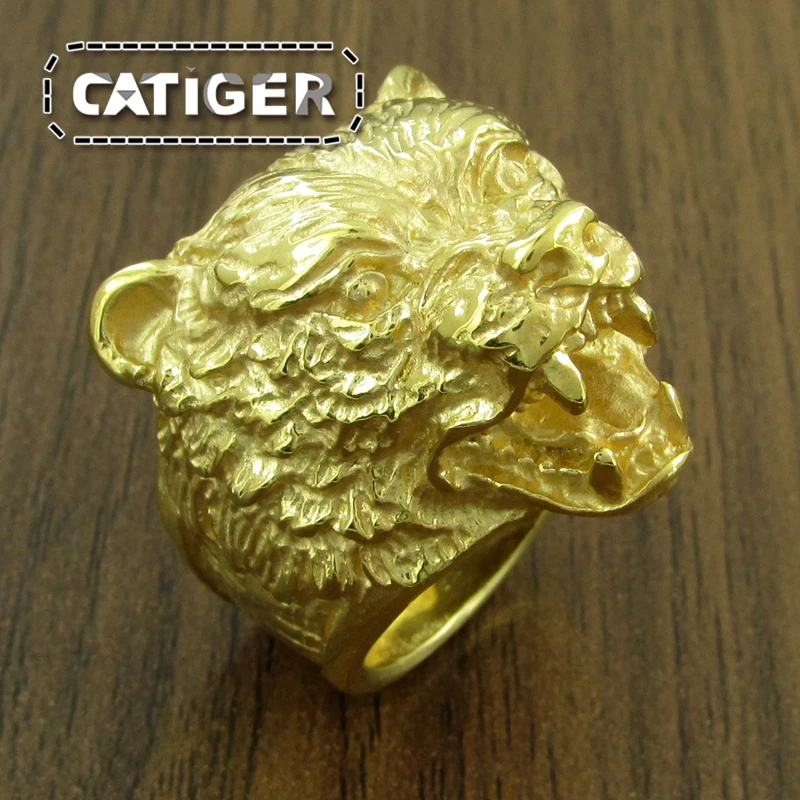 Punk 316L Stainless Steel Bear Animal Ring For Man Silver color Golden Brown Bear Head Ring Jewelry