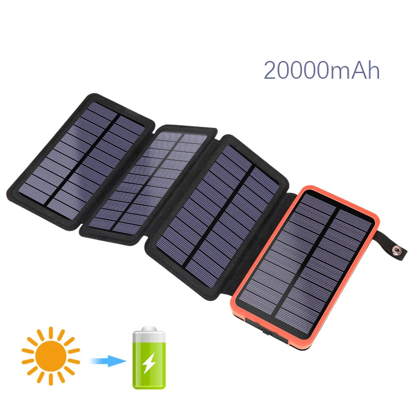 Waterproof Solar Power Bank 2 USB with LED Light Portable Charger Camping Travel Powerbank Mobile Phone Tablet Charger 20000mAh