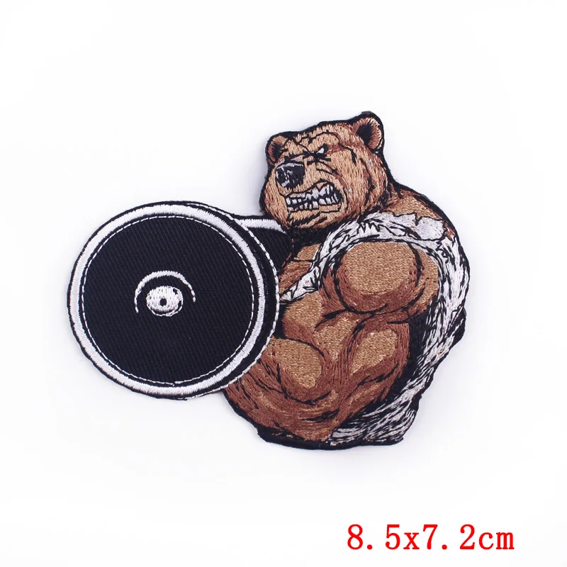 Bear Lifting A Barbell Clothing Patches Punk Embroidered Patches On Clothes Appliques DIY Stripes On Clothes Hippie Stickers