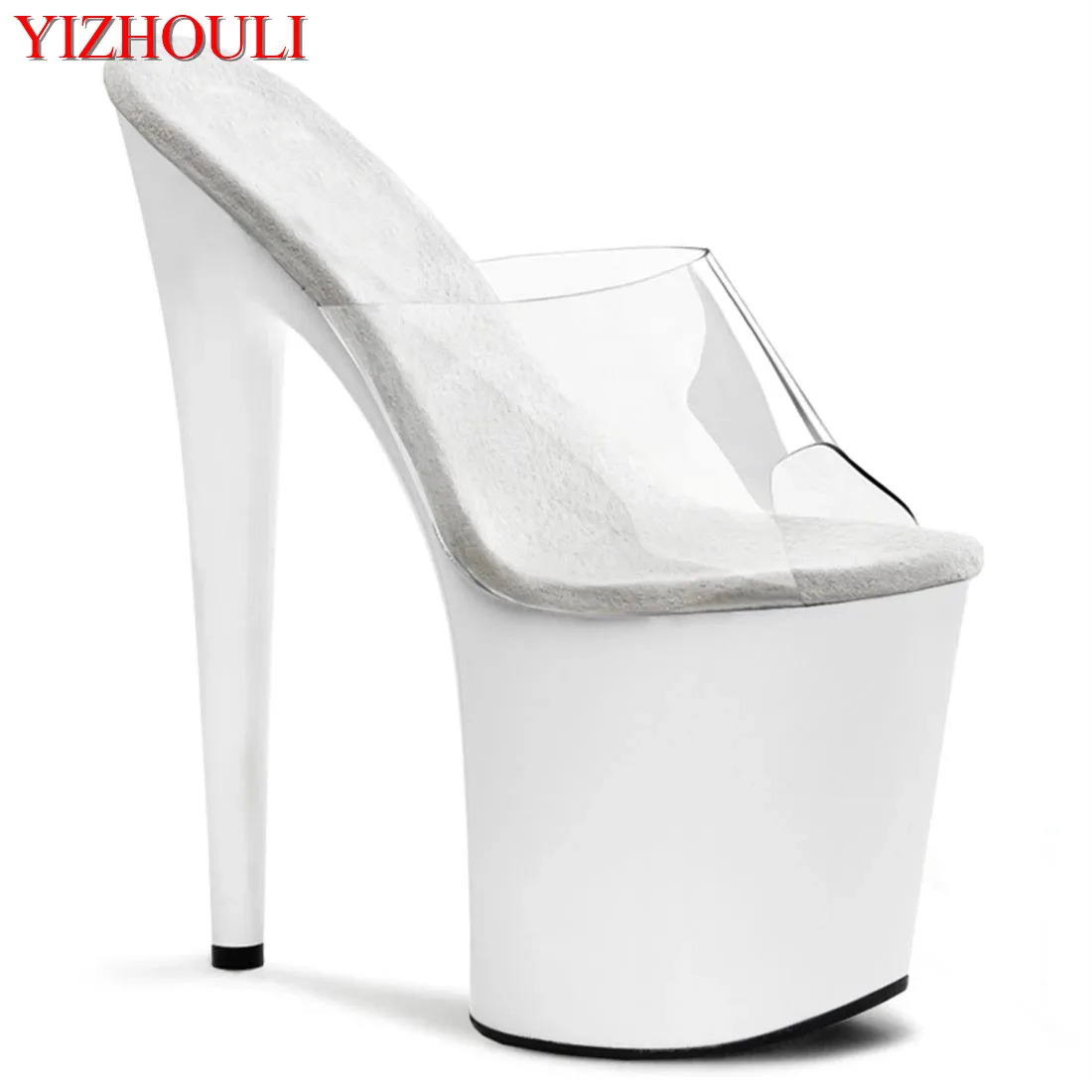 

White simple transparent uppers baked lacquer sole 23 cm ultra high heel slippers 9 inches sexy party slippers