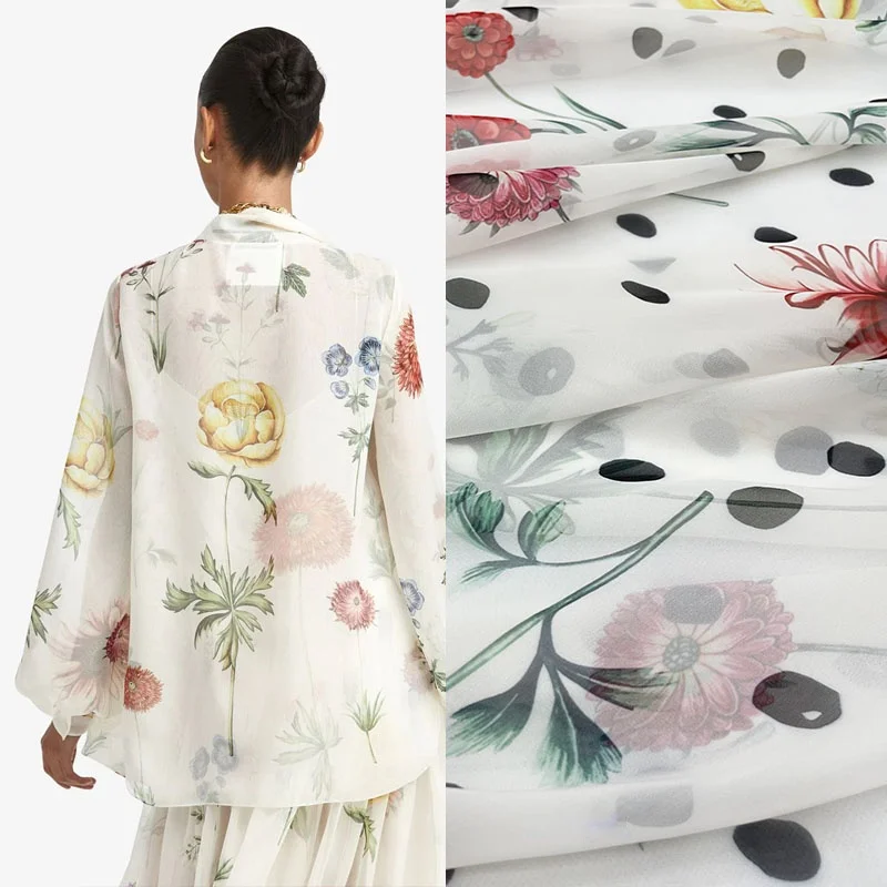 Flower Printed 100% Polyester Twill Fabric Thin Women\'s Clothing Shirt Cotton Chiffon Fabric Cloth for Dress by Meter Sewing