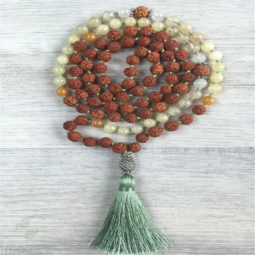 

6mm Rudraksha yellow Jade Gemstone Mala Tassel necklace 108 Bead energy Zazen Multi-color Handmade Stress pray yoga energy Men