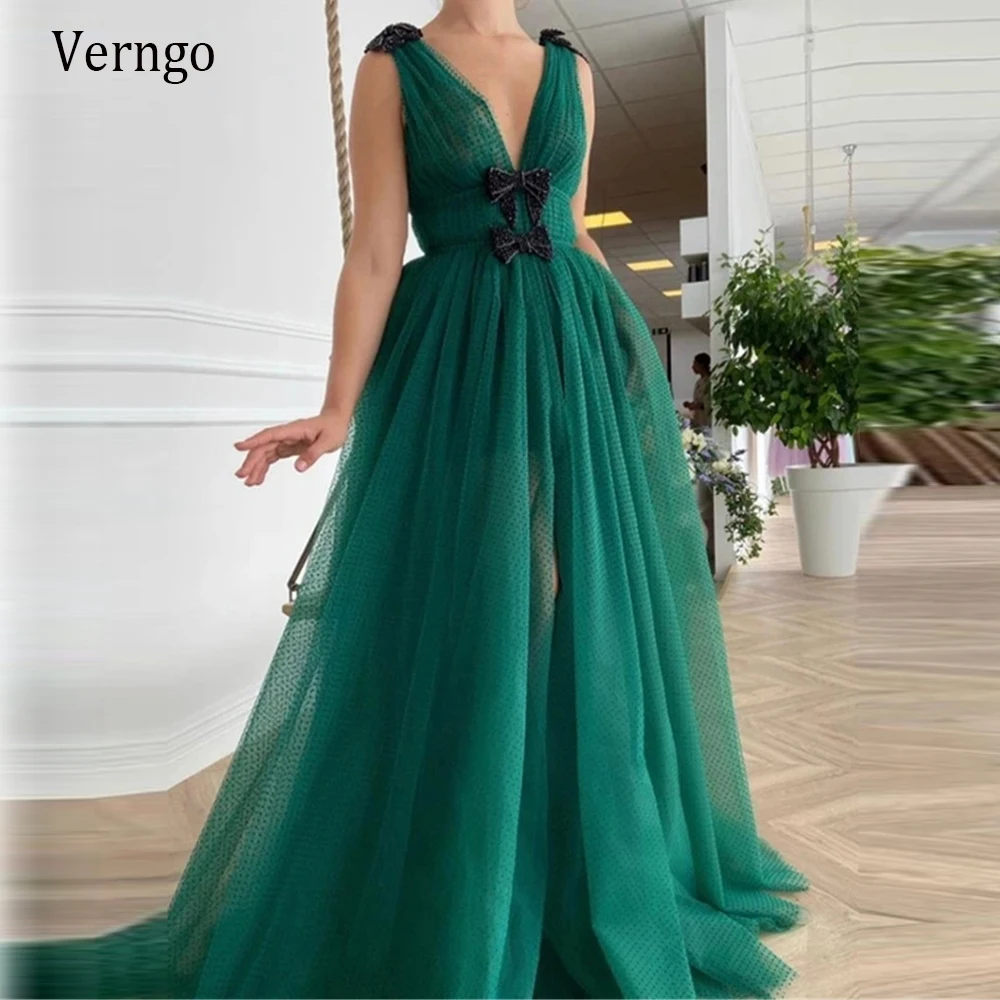 

Verngo Green Dotted Tulle Long Prom Dresses 2021 A Line V Neck With Black Bow Sweep Train Evening Gowns Formal Dresses