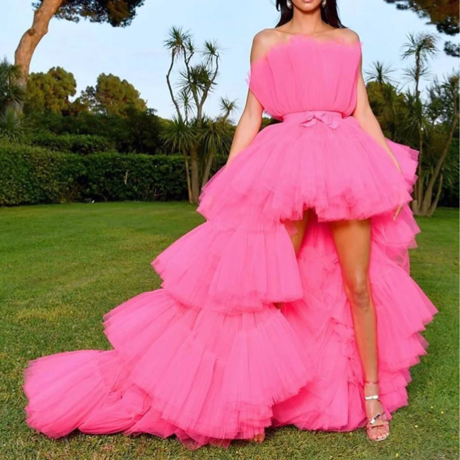 

Hot Pink High Low Prom Gowns 2020 Off the Shoulder Tiered Tulle Hi Low Evening Party Dress Long Formal Dress